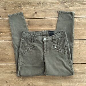Club Monaco Olive Green Stretch Skinny Jeans with ankle zip and moto details